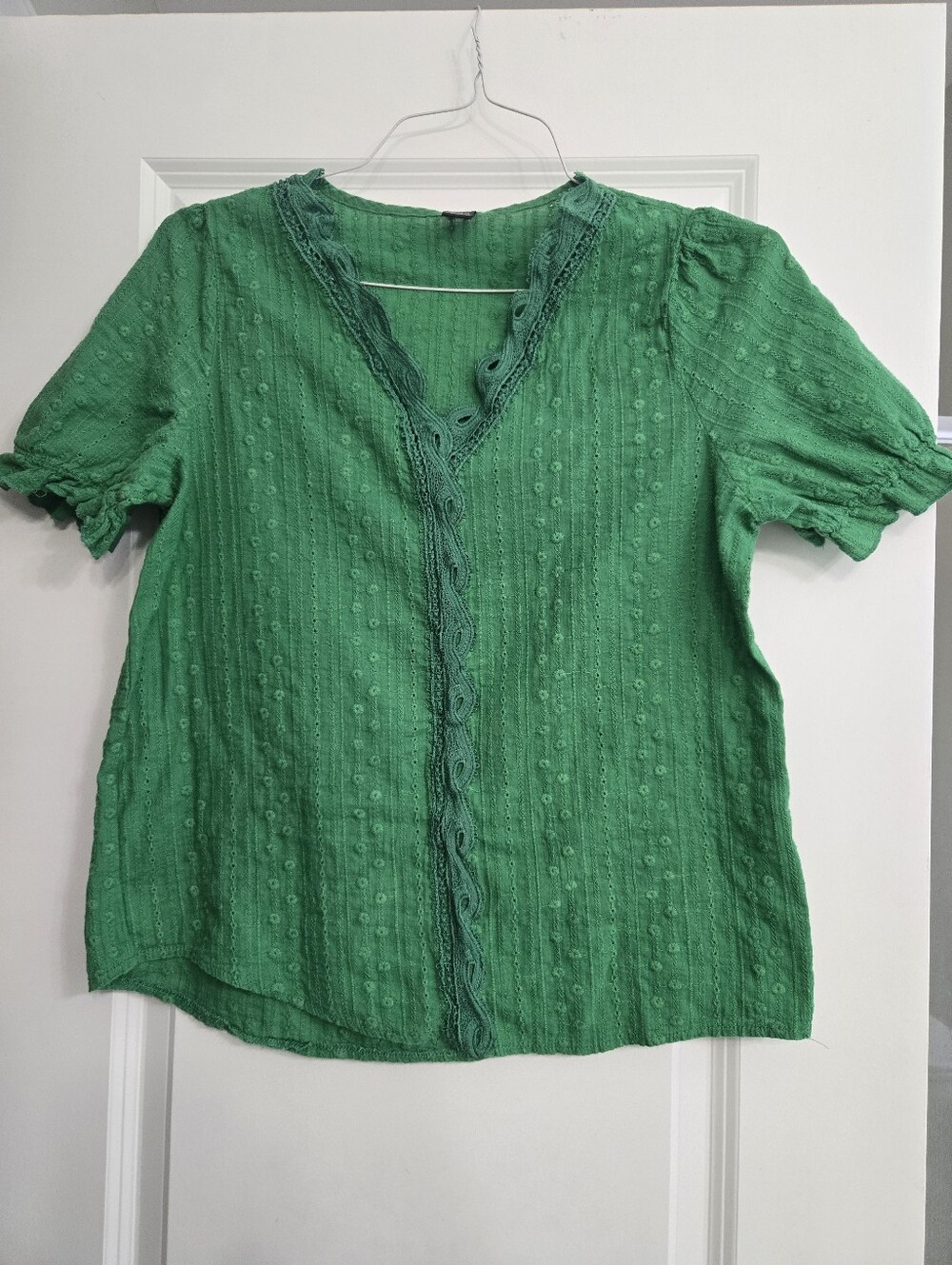 SHEIN Emerald Green Short Sleeve Lace-Trim Blouse
